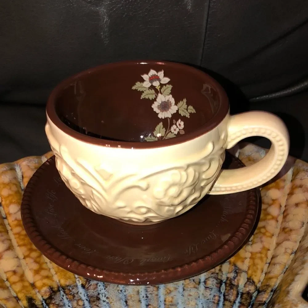 Live Laugh Love Cup & Saucer in Chocolate Brown and Ivory